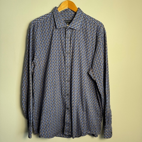 Pronto Uomo Men's Long Sleeve Button Shirt Abstract Check Blue Size XXL Office - Picture 1 of 12